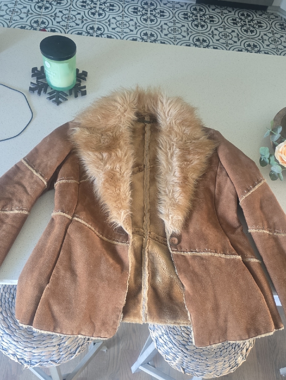 Women's Brown Genuine Leather Shearling Jacket with Faux Fur Collar